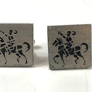 Vintage Knight Jousting Horseman Cufflinks Silver Tone Square Medieval Theme